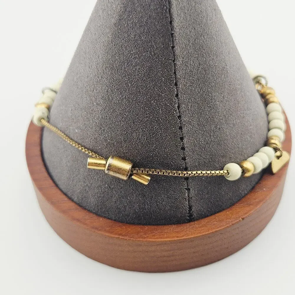 Gold Tone & White Beaded Adjustable Bracelet Stackable Simple Boho Artsy